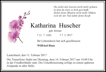 Traueranzeige von Katharina Huscher von VRM Trauer