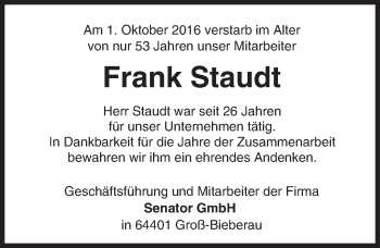 Traueranzeige von Frank Staudt von Trauerportal Echo Online