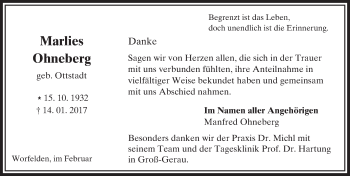 Traueranzeige von Marlies Ohneberg von Trauerportal Echo Online