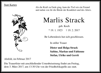 Traueranzeige von Marlis Strack von VRM Trauer