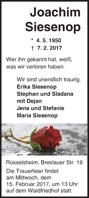 Traueranzeige von Joachim Siesenop von Trauerportal Rhein Main Presse