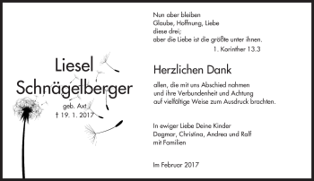 Traueranzeige von Liesel Schnägelberger von Trauerportal Echo Online