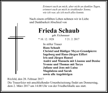 Traueranzeige von Frieda Schaub von VRM Trauer