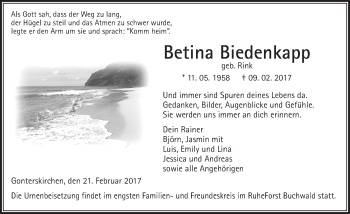 Traueranzeige von Betina Biedenkapp von  Gießener Anzeiger