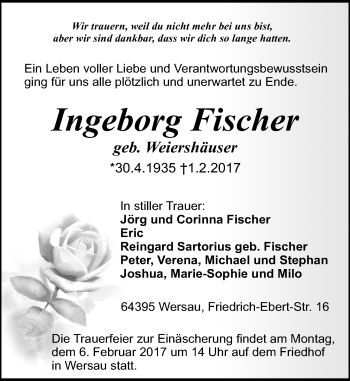 Traueranzeige von Ingeborg Fischer von Trauerportal Echo Online