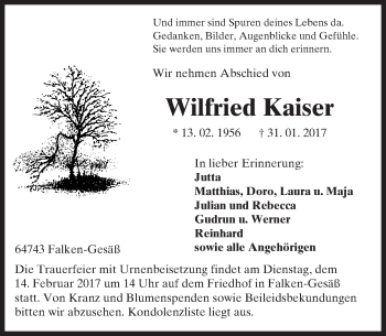 Traueranzeige von Wilfried Kaiser von Trauerportal Echo Online