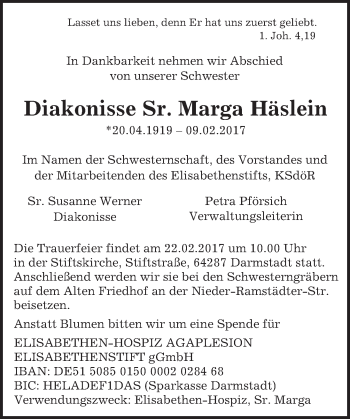 Traueranzeige von Marga Häslein von Trauerportal Echo Online