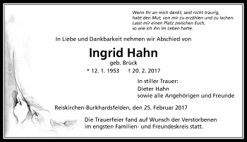Traueranzeige von Ingrid Hahn von  Gießener Anzeiger