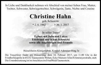 Traueranzeige von Christine Hahn von Trauerportal Rhein Main Presse