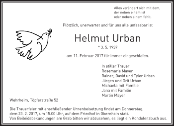 Traueranzeige von Helmut Urban von  Usinger Anzeiger