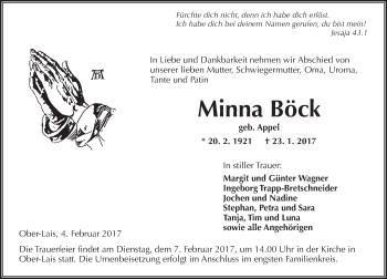 Traueranzeige von Minna Böck von  Kreisanzeiger