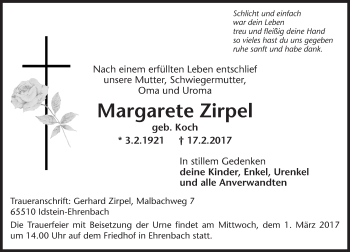 Traueranzeige von Margarete Zirpel von Trauerportal Rhein Main Presse