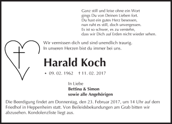 Traueranzeige von Harald Koch von Trauerportal Echo Online