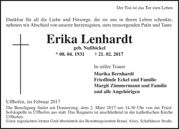 Traueranzeige von Erika Lenhardt von Trauerportal Rhein Main Presse