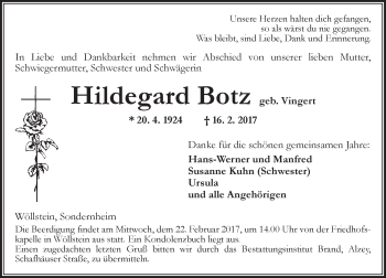 Traueranzeige von Hildegard Botz von Trauerportal Rhein Main Presse