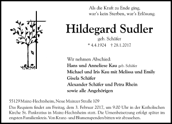 Traueranzeige von Hildegard Sudler von Trauerportal Rhein Main Presse