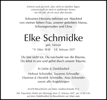 Traueranzeige von Elke Schmidke von Trauerportal Rhein Main Presse