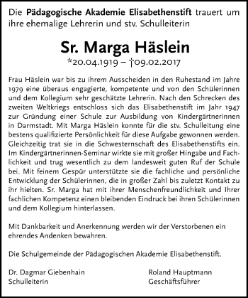 Traueranzeige von Marga Häslein von Trauerportal Echo Online