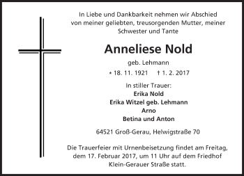 Traueranzeige von Anneliese Nold von Trauerportal Echo Online