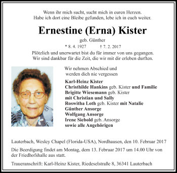Traueranzeige von Ernestine Erna Kister von VRM Trauer
