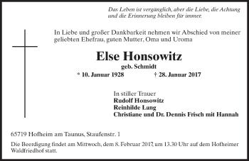 Traueranzeige von Else Honsowitz von Trauerportal Rhein Main Presse