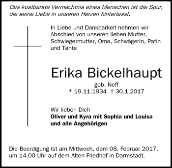 Traueranzeige von Erika Bickelhaupt von Trauerportal Echo Online