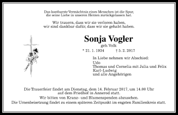 Traueranzeige von Sonja Vogler von  Gießener Anzeiger