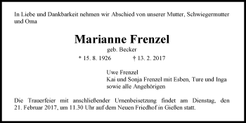 Traueranzeige von Marianne Frenzel von  Gießener Anzeiger