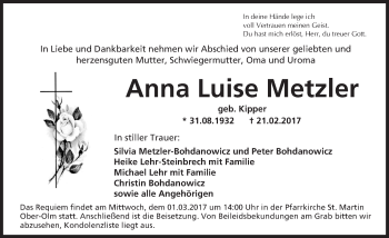 Traueranzeige von Anna Luise Metzler von Trauerportal Rhein Main Presse
