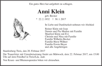 Traueranzeige von Anni Klein von  Gießener Anzeiger