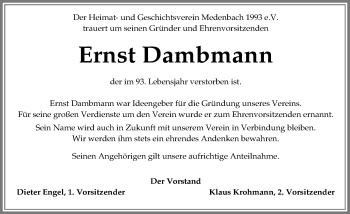 Traueranzeige von Ernst Dambmann von Trauerportal Rhein Main Presse