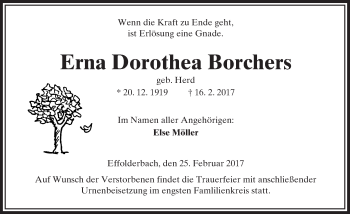 Traueranzeige von Erna Dorothea Borchers von  Kreisanzeiger