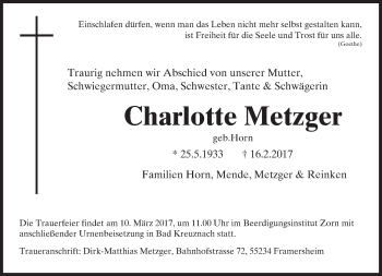 Traueranzeige von Charlotte Metzger von Trauerportal Rhein Main Presse