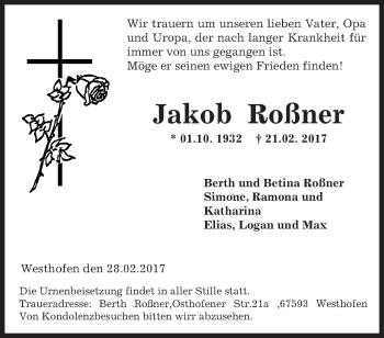 Traueranzeige von Jakob Roßner von Trauerportal Rhein Main Presse