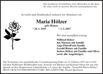 Traueranzeige von Maria Hölzer von Trauerportal Rhein Main Presse