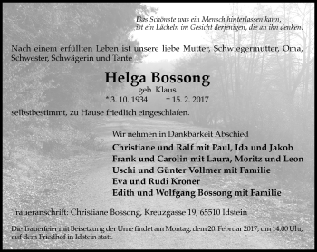 Traueranzeige von Helga Bossong von Trauerportal Rhein Main Presse