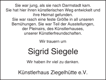 Traueranzeige von Sigrid Siegele von Trauerportal Echo Online