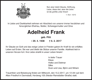 Traueranzeige von Adelheid Frank von Trauerportal Echo Online