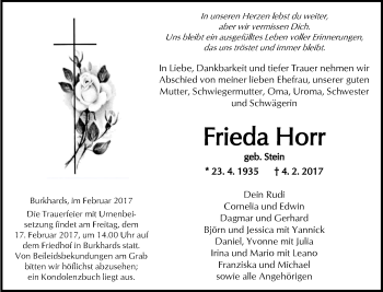 Traueranzeige von Frieda Horr von  Kreisanzeiger