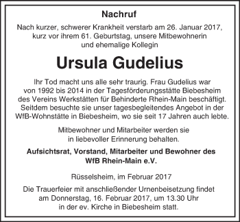 Traueranzeige von Ursula Gudelius von Trauerportal Echo Online