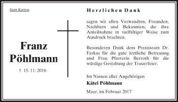 Traueranzeige von Franz Pöhlmann von VRM Trauer