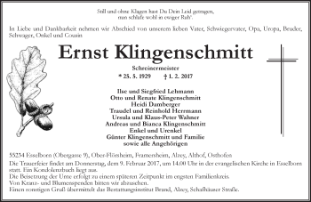 Traueranzeige von Ernst Klingenschmitt von Trauerportal Rhein Main Presse