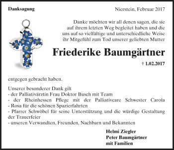 Traueranzeige von Friederike Baumgärtner von Trauerportal Rhein Main Presse