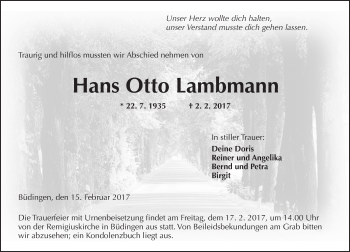 Traueranzeige von Hans Otto Lambmann von  Kreisanzeiger