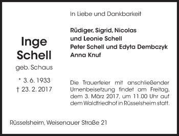 Traueranzeige von Inge Schell von Trauerportal Rhein Main Presse