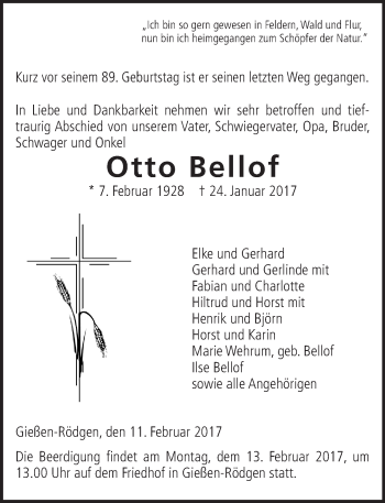 Traueranzeige von Otto Bellof von  Gießener Anzeiger