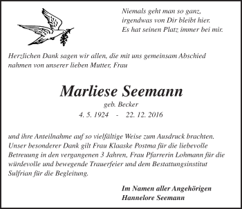 Traueranzeige von Marliese Seemann von Trauerportal Rhein Main Presse