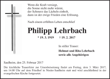 Traueranzeige von Philipp Lehrbach von Trauerportal Rhein Main Presse