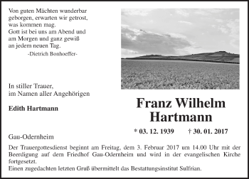 Traueranzeige von Franz Wilhelm Hartmann von Trauerportal Rhein Main Presse