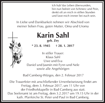 Traueranzeige von Karin Sahl von  Camberger Anzeiger